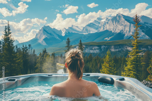 Woman enjoying a hot tub in a serene mountain landscape  with majestic peaks in the background