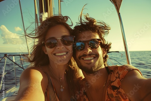 young man and woman relaxing on luxury yacht. Romantic couple sitting near steering wheel.