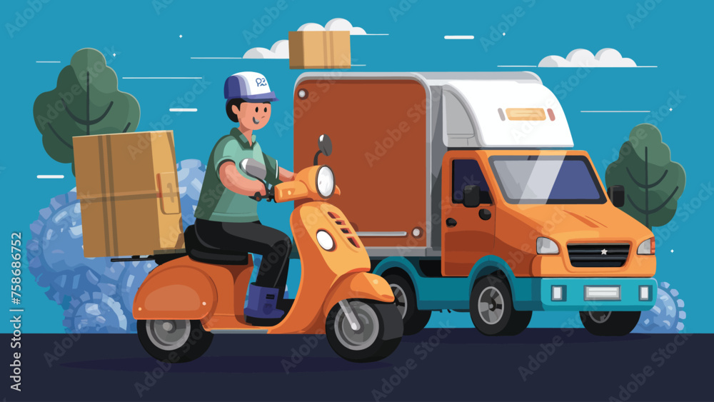 Fototapeta premium 2d vector illustration A courier wearing a shirt is delivering a package mobile with location gps