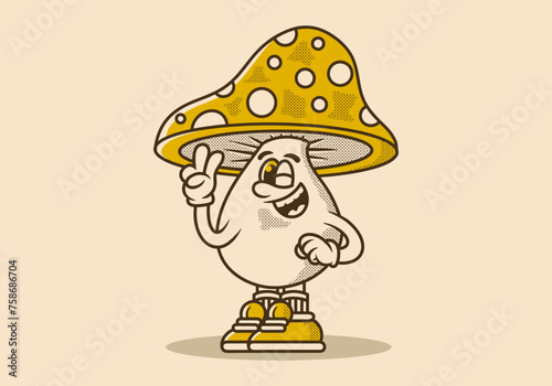 Character illustration of mushroom with hand form a symbol of peace. Yellow vintage color © Adipra