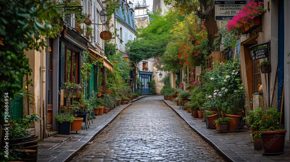 Quaint Parisian neighborhood with iconic buildings and sights.