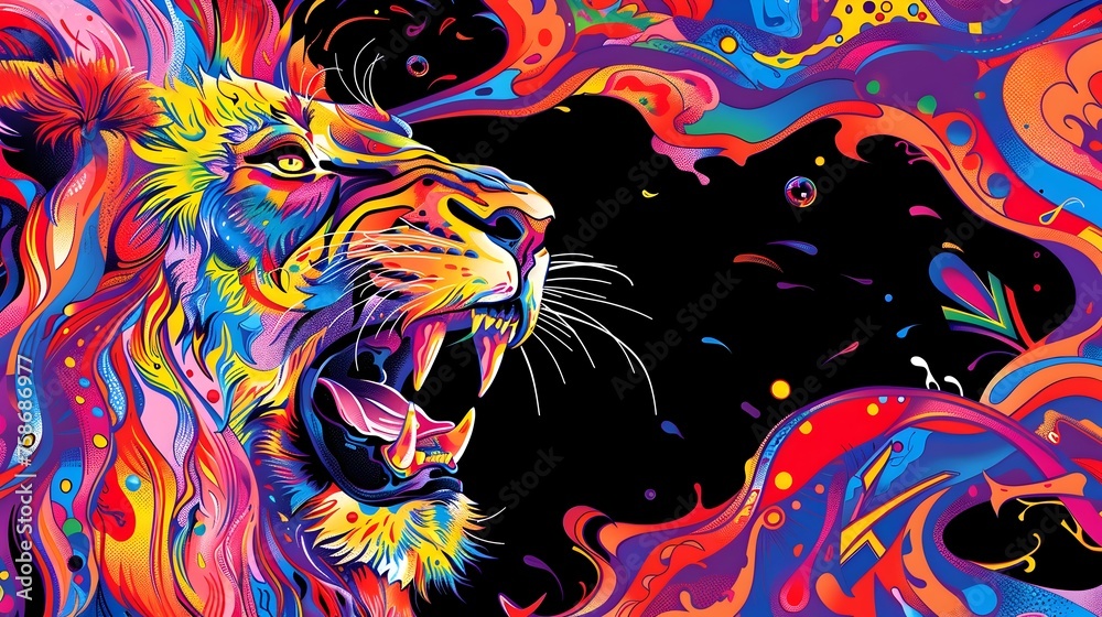 Cosmic Roar: Psychedelic Lion in Vivid Colors