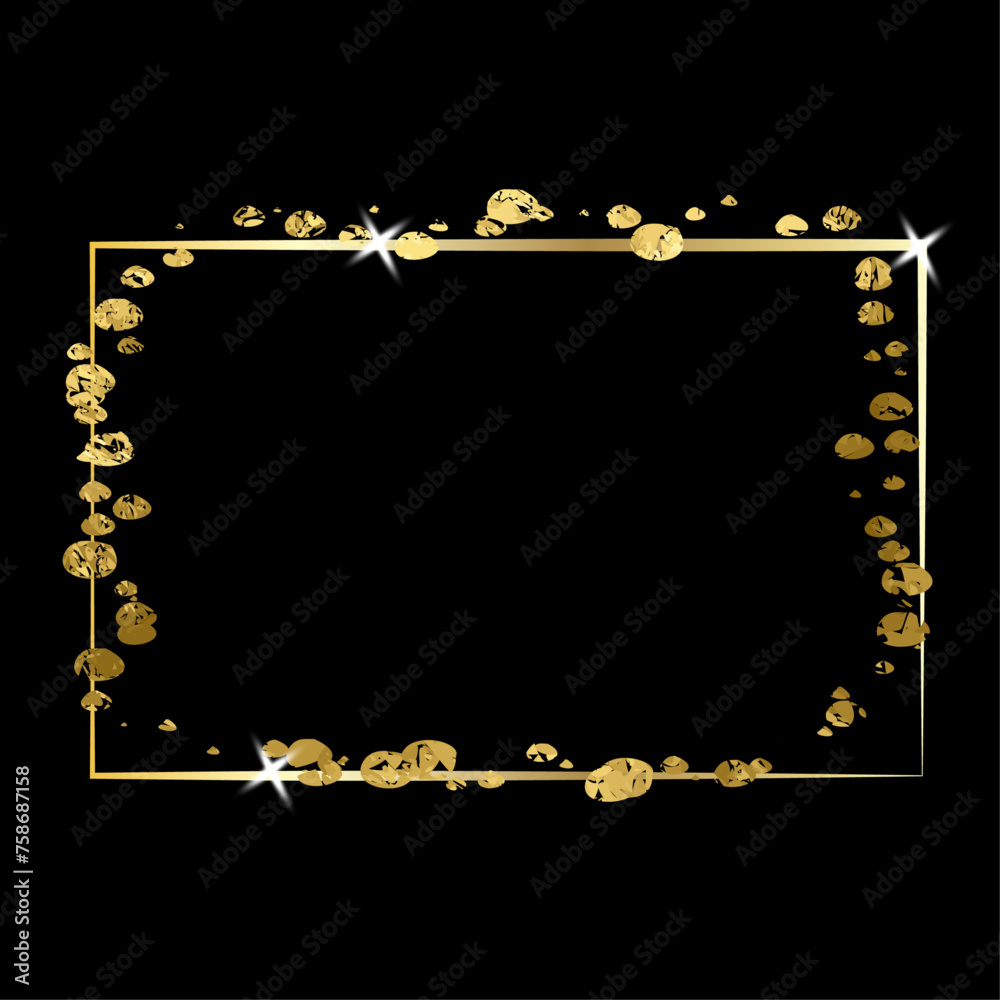 Stardust Gold Foil Frame Gold brush stroke. Sparkling golden ring frame made on brush stroke isolated on transparent background. Vector design element.