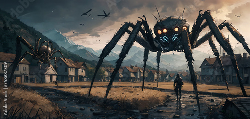 An abandoned village attacked by a giant spider