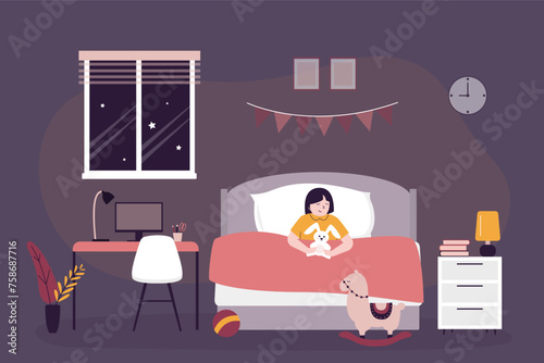 Caucasian girl falls asleep, dreams. Cute child lying on the bed. Little kid sleep with toys in bedroom interior and feel comfortable. Healthy sleep.