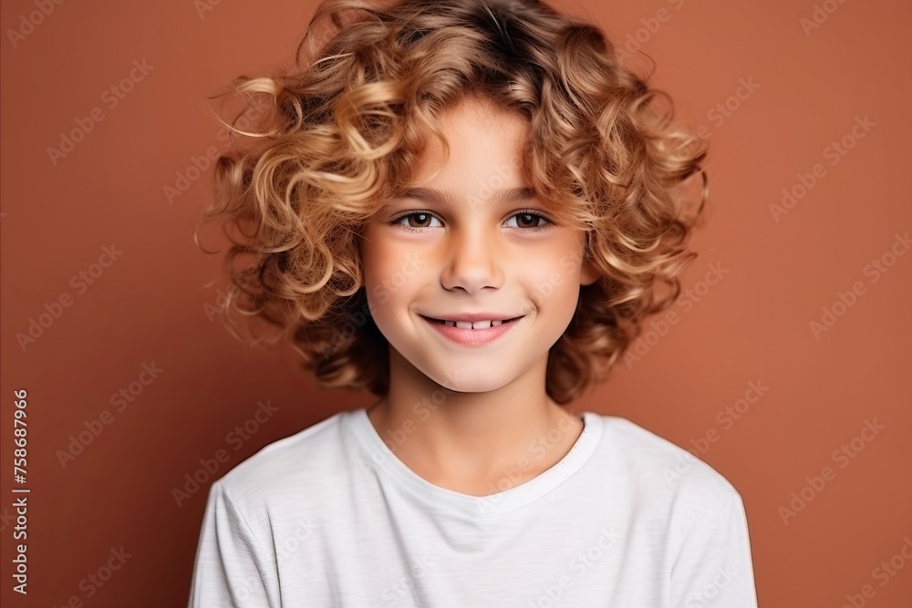 Portrait of a cute little boy with curly hair over brown background.