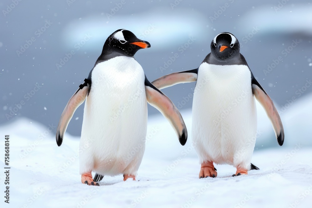 Obraz premium Nature's Wonders: Two Gentle Gentoo Penguins in the Wild - A Captivating Wildlife Image of Penguins in a Natural Habitat Perfect for Tourism, Travel & Animal Lovers
