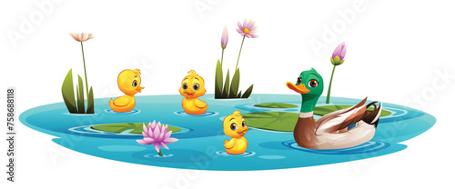 Duck and little ducklings swimming in the pond. Vector cartoon illustration