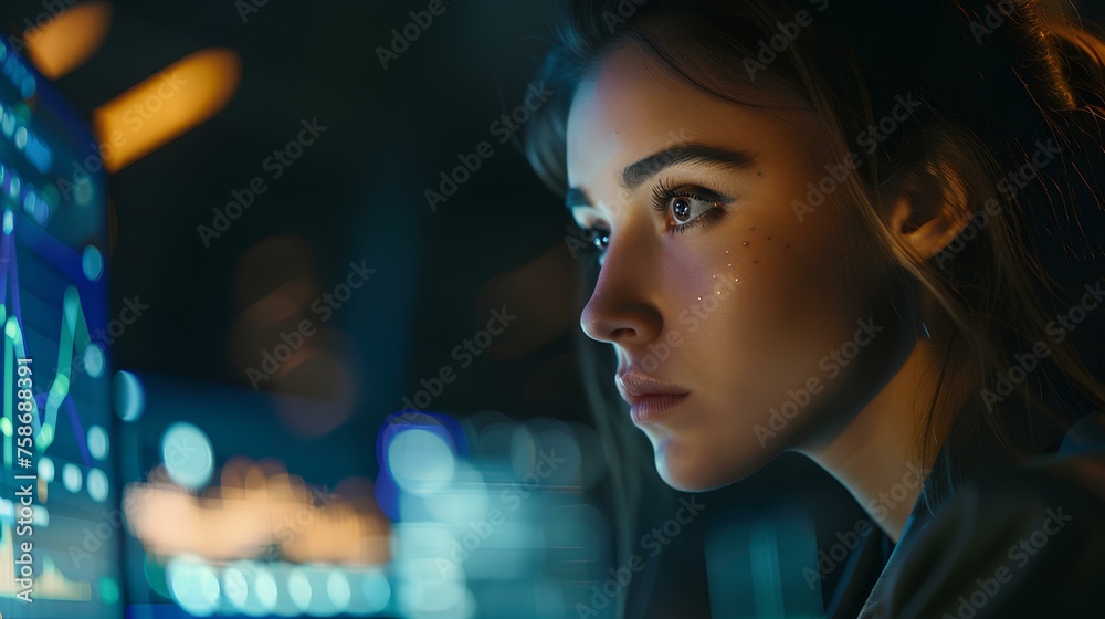 close up, Businesswoman using ai technology for Creating A Financial Dashboard. generative AI close up, Businesswoman using ai technology for Creating A Financial Dashboard. generative AI