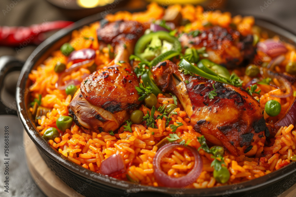 Jollof Rice with Grilled Meat and Garnishes. A bowl of vibrant jollof rice topped with grilled chicken and fresh herbs