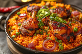 Jollof Rice with Grilled Meat and Garnishes. A bowl of vibrant jollof rice topped with grilled chicken and fresh herbs