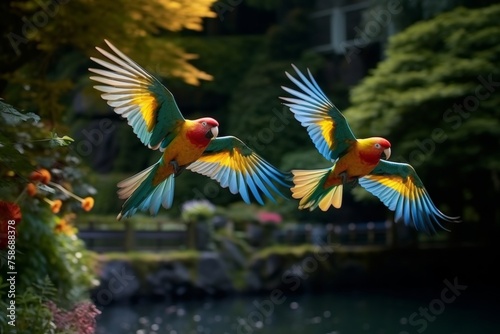 tropical parrots fly over the river in the jungle