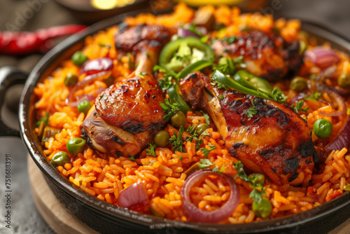 Jollof Rice with Grilled Meat and Garnishes. A bowl of vibrant jollof rice topped with grilled chicken and fresh herbs