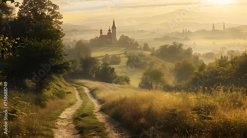 Golden Sunrise over Rural Church, Suited for Inspirational Postcards