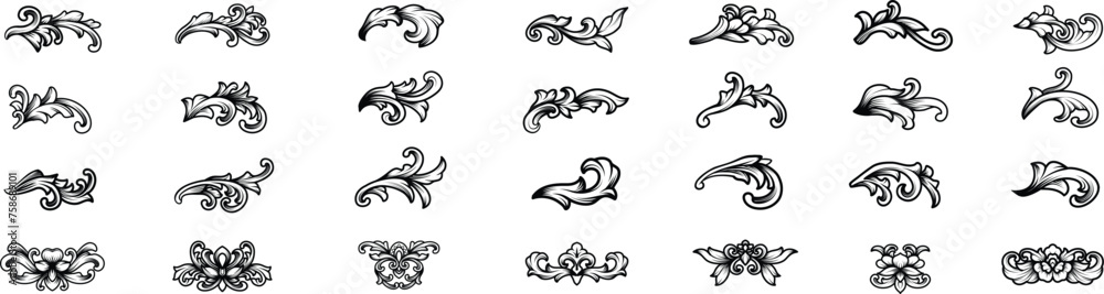 Set of Baroque engraved Victorian floral ornamental border, fancy vintage decorative frame elements. Vector illustration royal for wedding invitation, tattoo, greeting card, romantic element, flourish