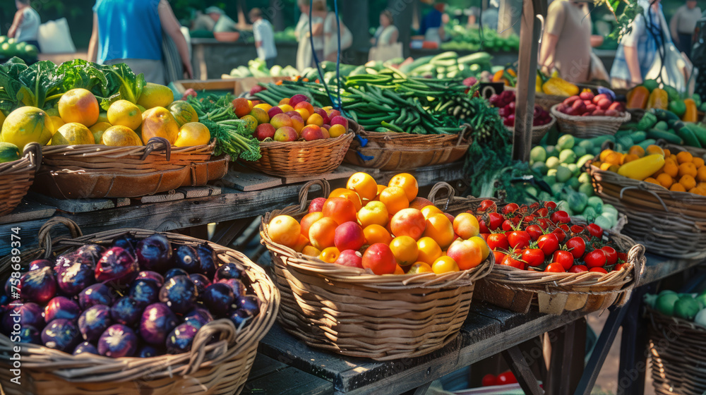 An array of fruits and vegetables in wicker baskets under sunlight, presenting a healthy selection at a farmers market