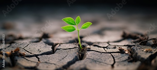 Vibrant green seedling emerging from dried, cracked earth