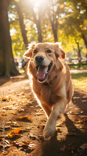Golden Retriever in Sunlit Park: A Snapshot of Energy, Joy and Playfulness in the Great Outdoors