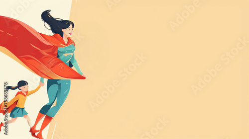 Mother's Day Celebration Art of Superhero Mother Leading Child by Hand for Parenting and Guidance Themes (AI generated)