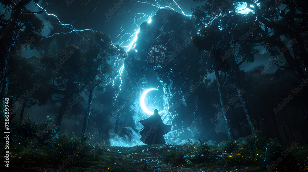 Thunder Magic Mastery: A Sorcerer's Crescent Moon Ceremony in a Mystical Forest