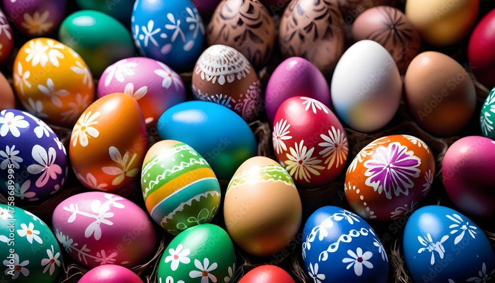 Multitude of colorful easter eggs macro background, geometrical, dots, flowers and striped patterns Multitude of colorful easter eggs macro background, geometrical, dots, flowers and striped patterns