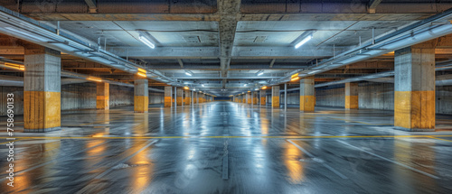 Empty illuminated underground parking with glossy reflective floor, concrete columns, and overhead lights casting a glow on the painted lines and surfaces.