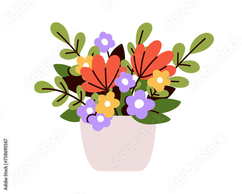 Summer flowers in pot. Floral plants, wildflowers, leaf branches in vase. Spr...