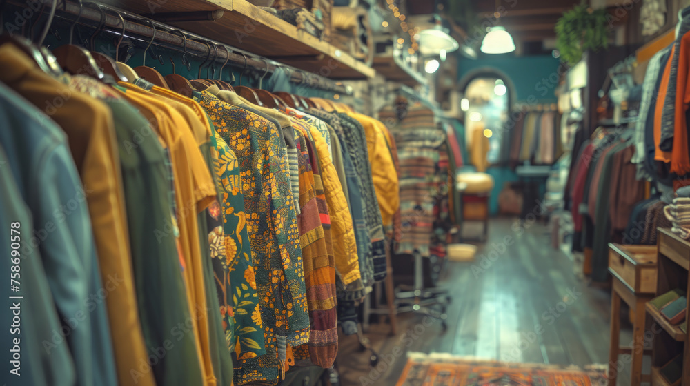Vintage clothing store interior with a variety of colorful garments hanging on racks, patterned textiles, wooden shelves stacked with items, and stylish decor elements under warm ambient lighting.