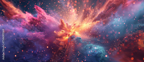 Vibrant abstract image depicting a cosmic explosion of glittering particles and swirling neon colors  suggesting a dynamic and energetic universe event.