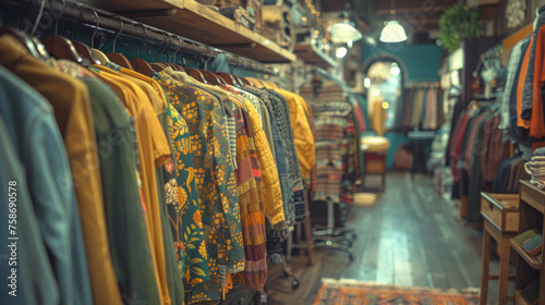 Vintage clothing store interior with a variety of colorful garments hanging on racks, patterned textiles, wooden shelves stacked with items, and stylish decor elements under warm ambient lighting. © ChubbyCat