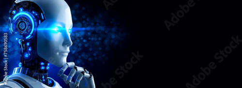 Closeup of a humanoid robot while he is thinking on a dark background with copy space. Artificial intelligence concept. Generative Ai.
