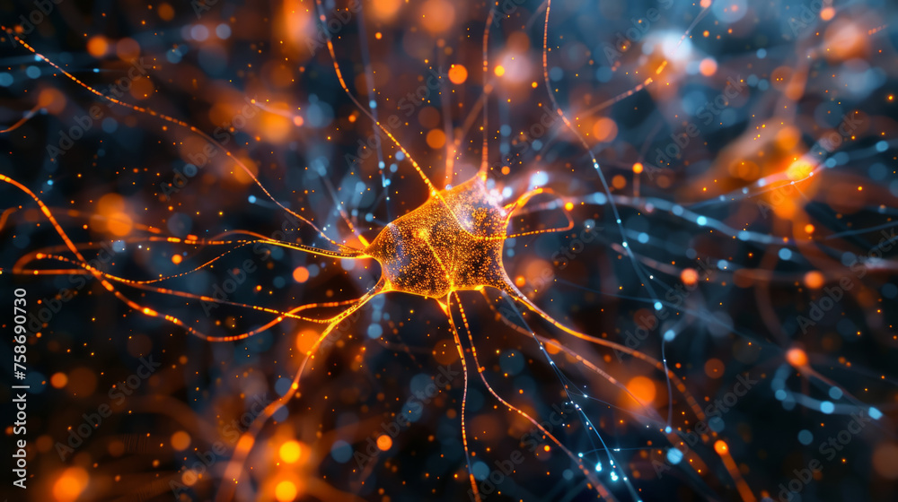 A highly detailed image showcasing a neuron with glowing connections in an abstract representation of neural activity and brain function - obrazy, fototapety, plakaty 