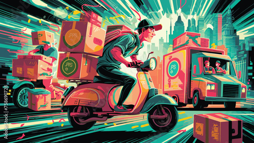 2d vector illustration A courier wearing a shirt is delivering a package mobile with location gps