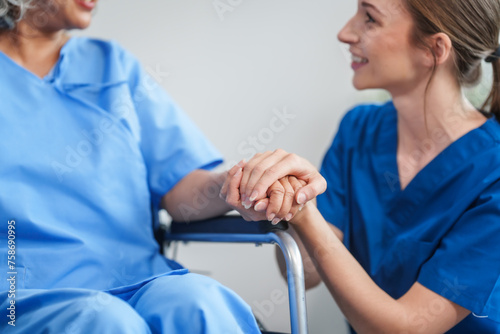 Nurse helping adult woman in hospital offer help and comfort create a welcoming atmosphere with a focus on patient care and wellness. Mature woman  nurse or person with disability in hospital