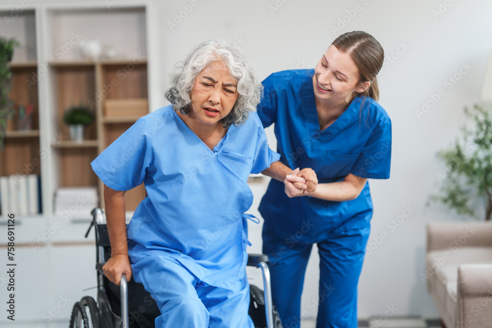 Nurse helping adult woman in hospital offer help and comfort create a welcoming atmosphere with a focus on patient care and wellness. Mature woman, nurse or person with disability in hospital Nurse helping adult woman in hospital offer help and comfort create a welcoming atmosphere with a focus on patient care and wellness. Mature woman, nurse or person with disability in hospital