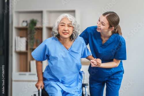 Nurse helping adult woman in hospital offer help and comfort create a welcoming atmosphere with a focus on patient care and wellness. Mature woman, nurse or person with disability in hospital