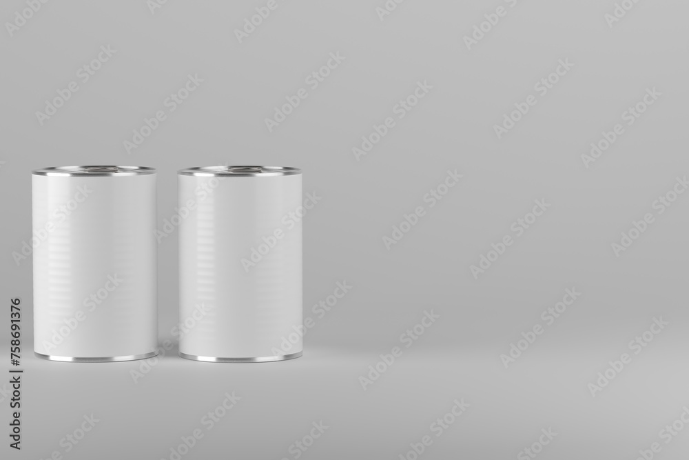 Food can mock up. Model showing on grey background.