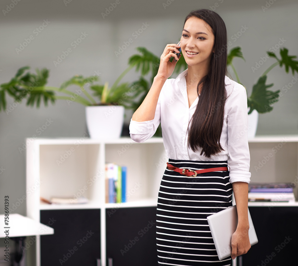 Phone call, smile and tablet with business woman in corporate office for communication or networking. Company, planning and technology with happy young employee talking on mobile in workplace Phone call, smile and tablet with business woman in corporate office for communication or networking. Company, planning and technology with happy young employee talking on mobile in workplace