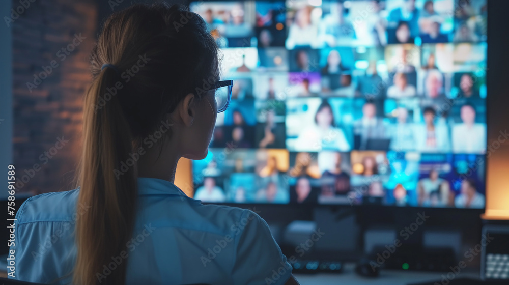 A rear view of a woman using a laptop in a surveillance room at night. AI.