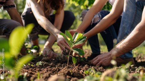 World save, agriculture, nature, environment and ecology concept background - Close up of young couple people planting a tree in the garden