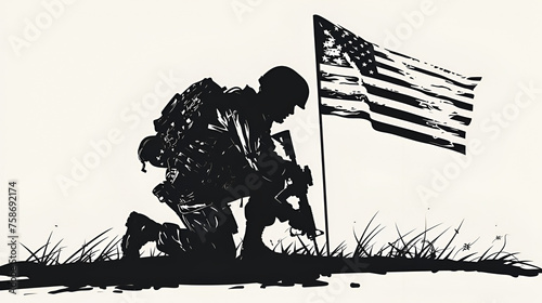 American soldier kneeling before flag with white background, Memorial Day Generative Ai