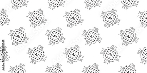 Vector computer electronic chip black outline shapes AI seamless pattern. Silhouette microchip processor background on white background. Wallpaper, print, textile, fabric, wrapping