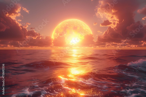 Sun Setting Over Ocean With Waves © D