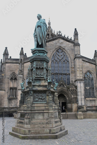 Statue of Sir Walter Francis Montagu Douglas Scott in front of St Giles Cathedral Edinburgh, Scotland, United Kingdom