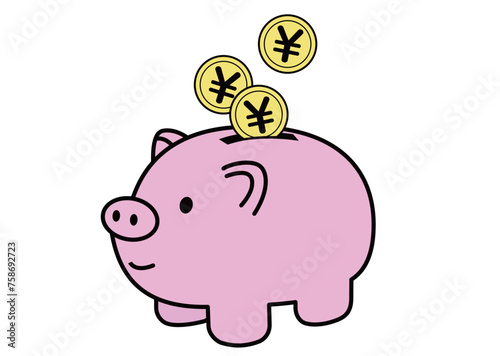 ブタの貯金箱にコツコツと貯金しているイラスト　日本円