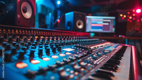 Audio mixing console with illuminated sliders in music studio for sound engineering