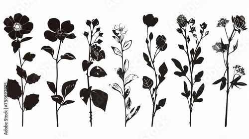 Black and White Silhouettes of Flowers on a White Background