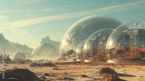 Futuristic Mars colony with transparent domes set against a backdrop of rugged martian terrain and distant planets looming in the sky.