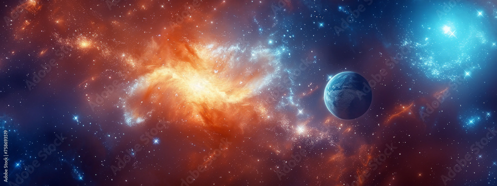 A mesmerizing cosmic scene featuring a distant planet amidst vibrant nebulae, illuminated by radiant stars, evoking a sense of the infinite universe’s beauty and mystery.