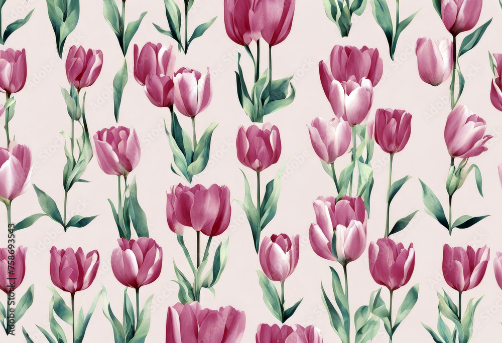 Pink Watercolor Repeat Tulips Vector Illustration Background Pattern Painterly Flowers Summer Fashion 